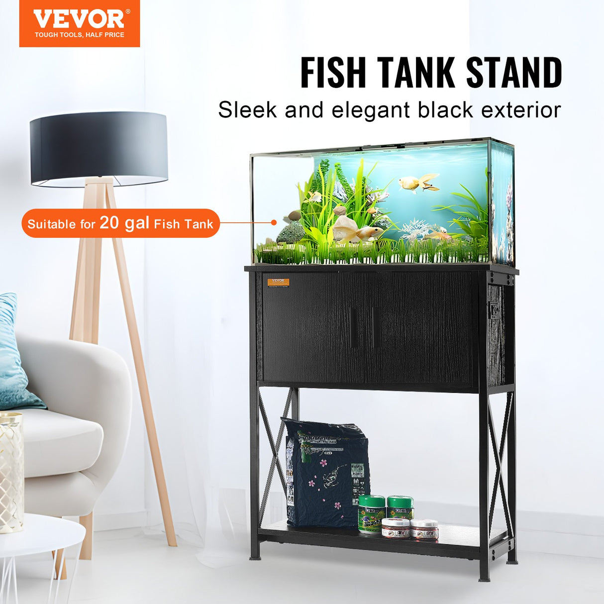 VEVOR Aquarium Stand, 20 Gallon Fish Tank Stand, 25.6 x 16.5 x 31.9 in Steel and MDF Turtle Tank Stand, 167.6 lbs Load Capacity, Reptile Tank Stand