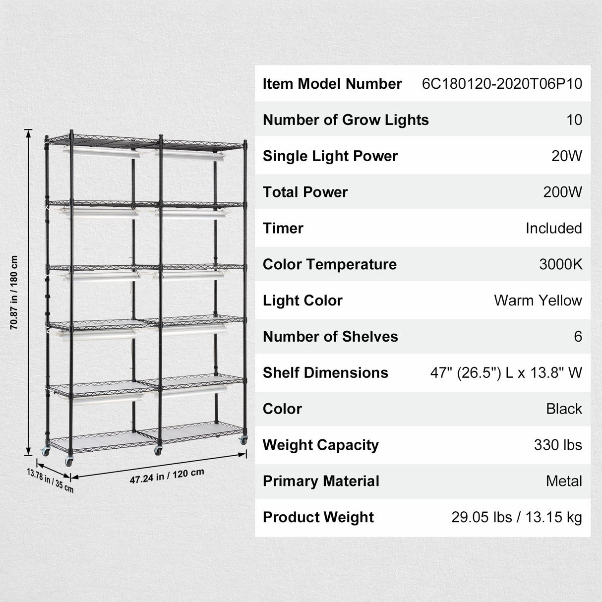 Plant Stand with Grow Light 6 Tiers 200W 59.1" Indoor Plant Grow Shelf