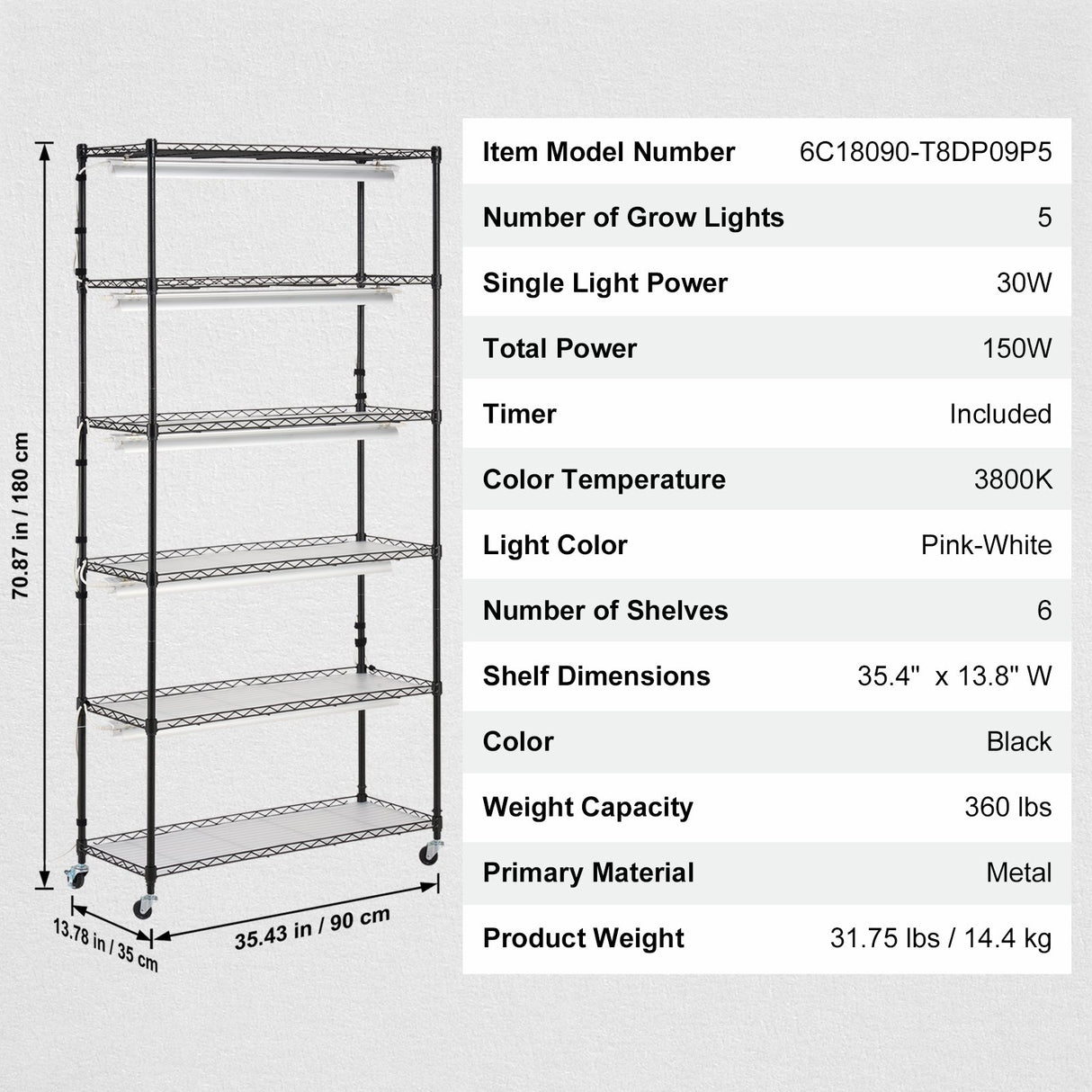 Plant Stand with Grow Light 6 Tiers 180W 180 cm Indoor Plant Grow Shelf