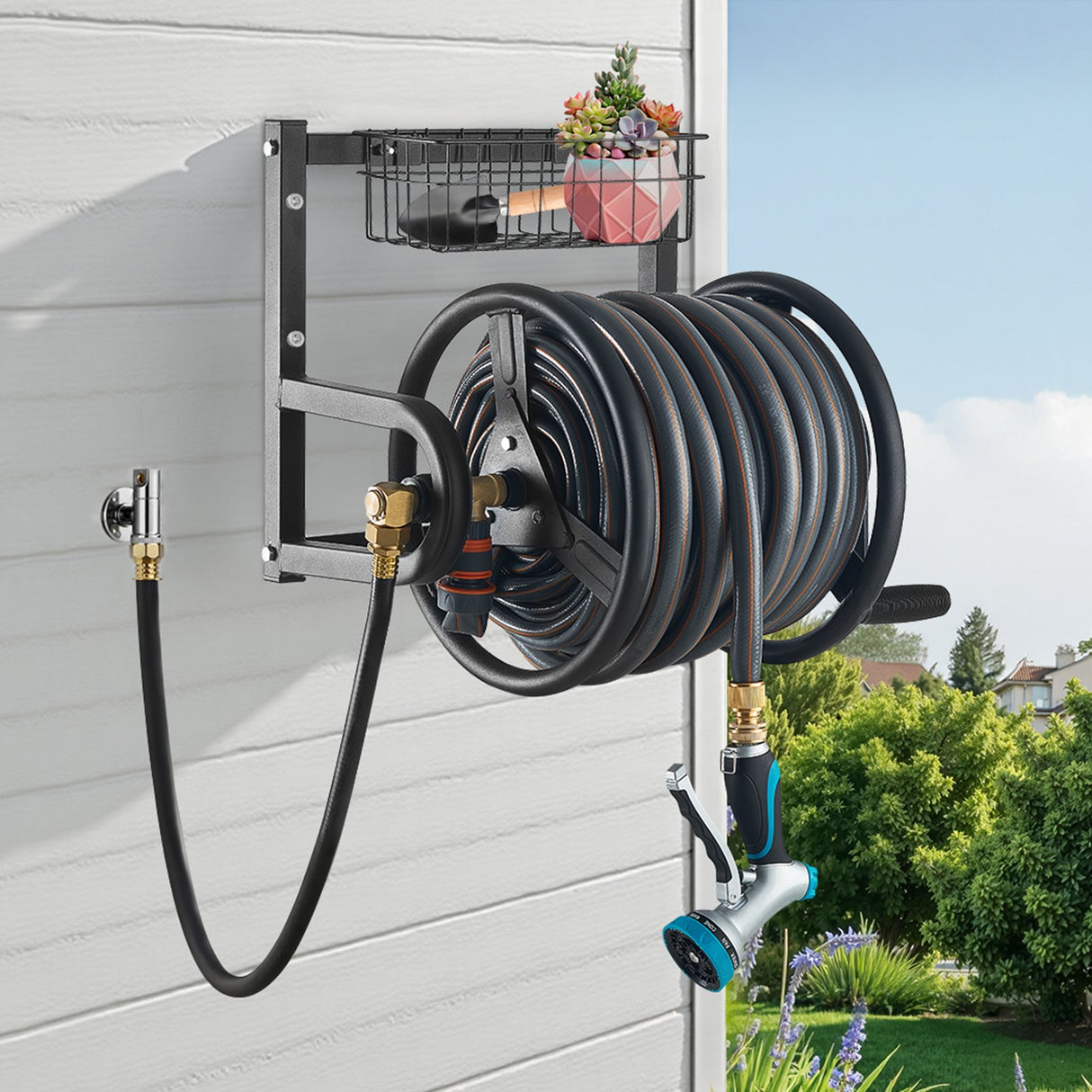 VEVOR Wall Mounted Garden Hose Reel 125ft 5/8 in Metal Hose Reel with Basket