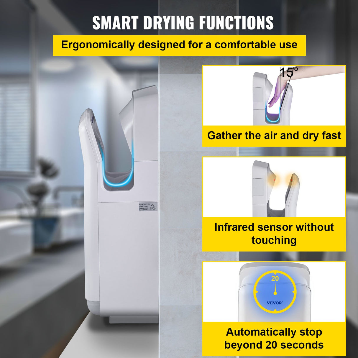 VEVOR Jet Hand Dryer Blade Hand Dryer Automatic High Speed for Washroom White