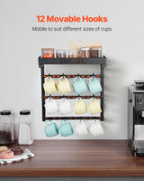 VEVOR Coffee Mug Holder Wall Mounted w/ 12 Movable Hooks and Top Shelf Cup Rack