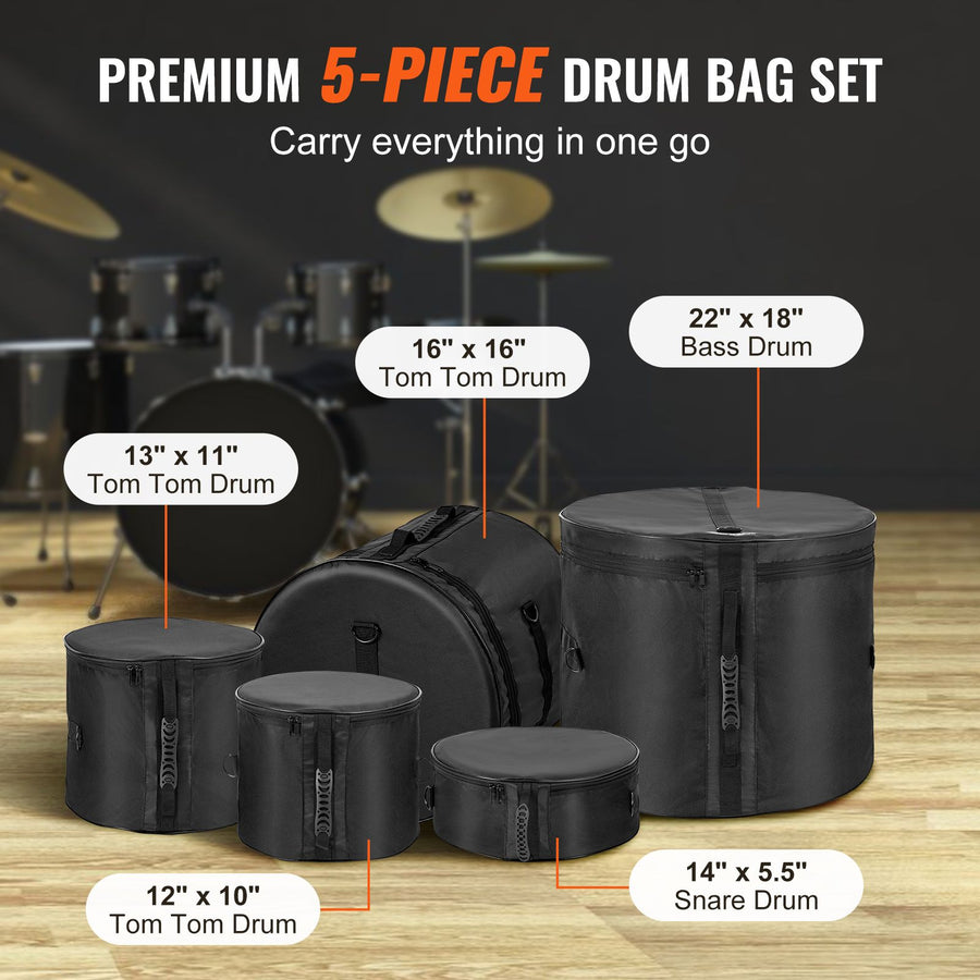 5-Piece Drum Bag Set, 1680D Oxford Fabric, Padded Drum Bags and Cases with 4.92 ft Detachable Shoulder Strap Carry Handles Foldable Design, for 55cm Kick 30cm Tom 33cm Tom 40cm Tom 35cm Snare