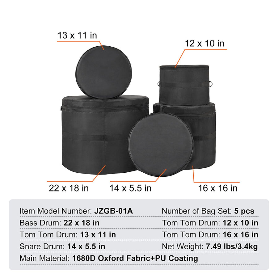 5-Piece Drum Bag Set, 1680D Oxford Fabric, Padded Drum Bags and Cases with 4.92 ft Detachable Shoulder Strap Carry Handles Foldable Design, for 55cm Kick 30cm Tom 33cm Tom 40cm Tom 35cm Snare