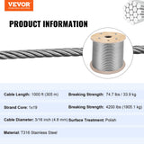 VEVOR Stainless Steel Cable Railing 3/16" x 1000ft, Wire Rope 316 Marine Grade, Braided Aircraft Cable 1x19 Strands Construction for Deck,Rail,