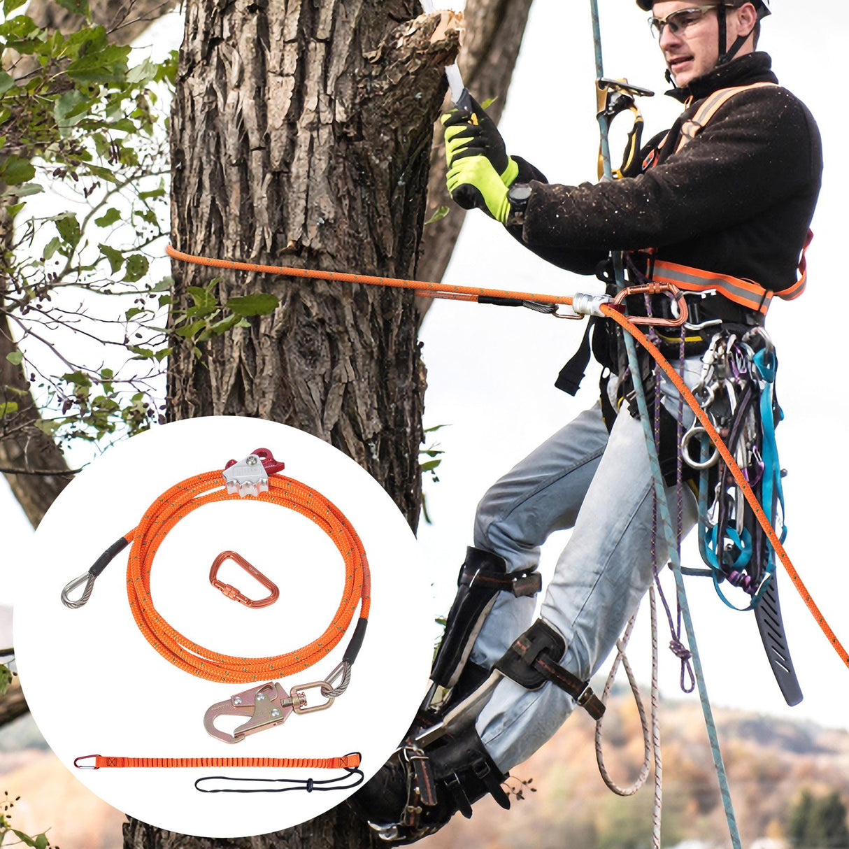12.7mm Steel Core Flipline, 16ft(4.8m)Arborist Flipline for Tree Climbing with Alloy Steel Snap Hook & Aluminum Alloy Carabiner, 30KN Breaking Tension for Fall Protection, Tree Climber