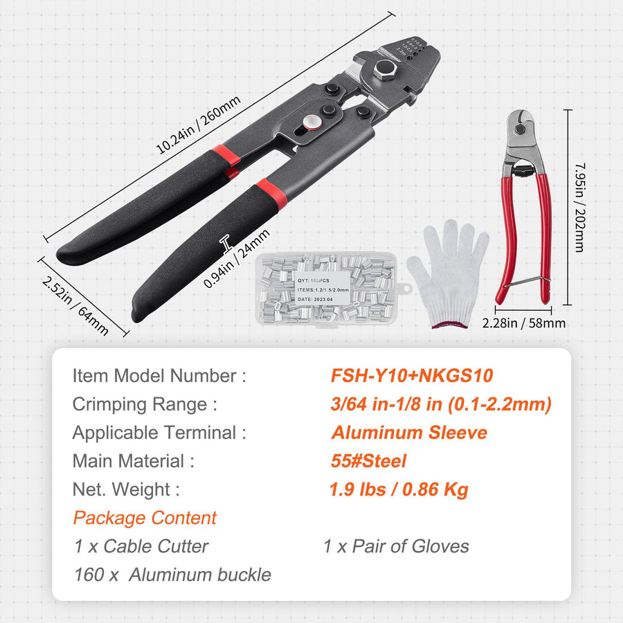 Crimping Tool, Up To 2.2mm Wire Rope Crimping Tool, Crimping Loop Sleeve Kit with a Cable Cutter and 160pcs Aluminum Buckles, Teflon Coating Anti-Rust Fishing Crimping Tool