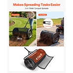 Compost Spreader, 91 cm Wide Peat Moss Spreader with Push/Tow Handle, 4 Heights Adjustable, Powder-Coated Steel Garden Peat Moss Roller, Heavy Duty Grass Seed Roller for Planting Seeding, Black