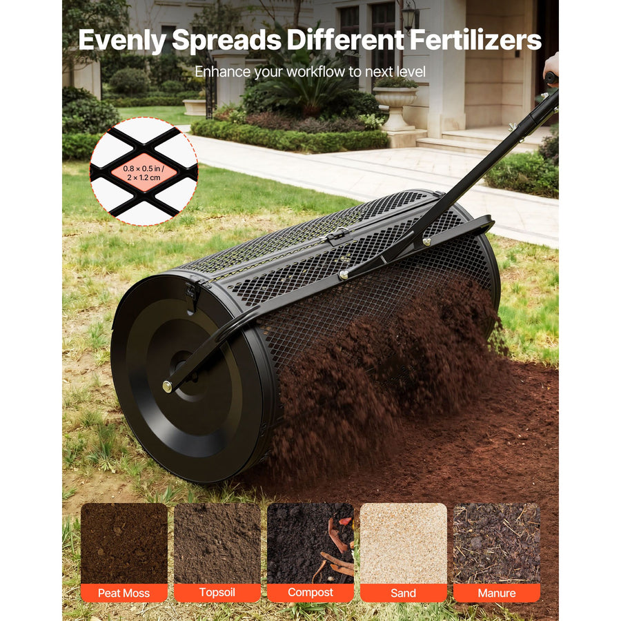 Compost Spreader, 91 cm Wide Peat Moss Spreader with Push/Tow Handle, 4 Heights Adjustable, Powder-Coated Steel Garden Peat Moss Roller, Heavy Duty Grass Seed Roller for Planting Seeding, Black