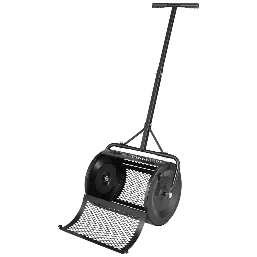 Compost Spreader, 42 cm Wide Peat Moss Spreader with T Shaped Handle, 3 Heights Adjustable, Powder-Coated Steel Garden Peat Moss Roller, Heavy Duty Grass Seed Roller for Planting Seeding, Black