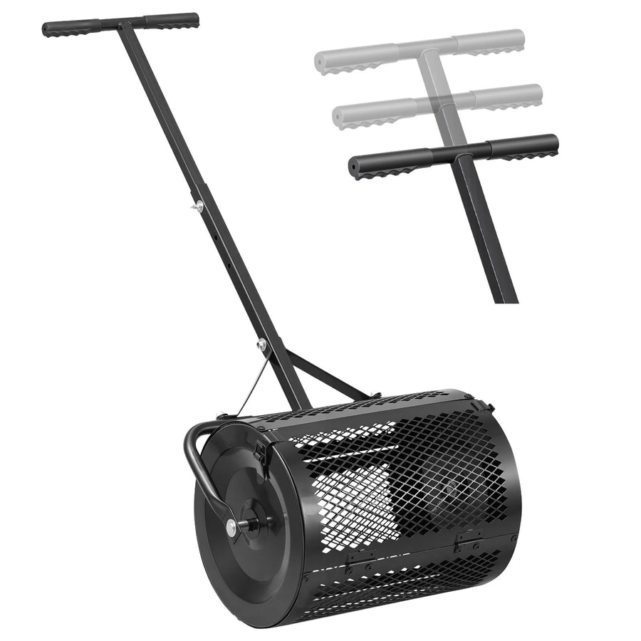 Compost Spreader, 42 cm Wide Peat Moss Spreader with T Shaped Handle, 3 Heights Adjustable, Powder-Coated Steel Garden Peat Moss Roller, Heavy Duty Grass Seed Roller for Planting Seeding, Black