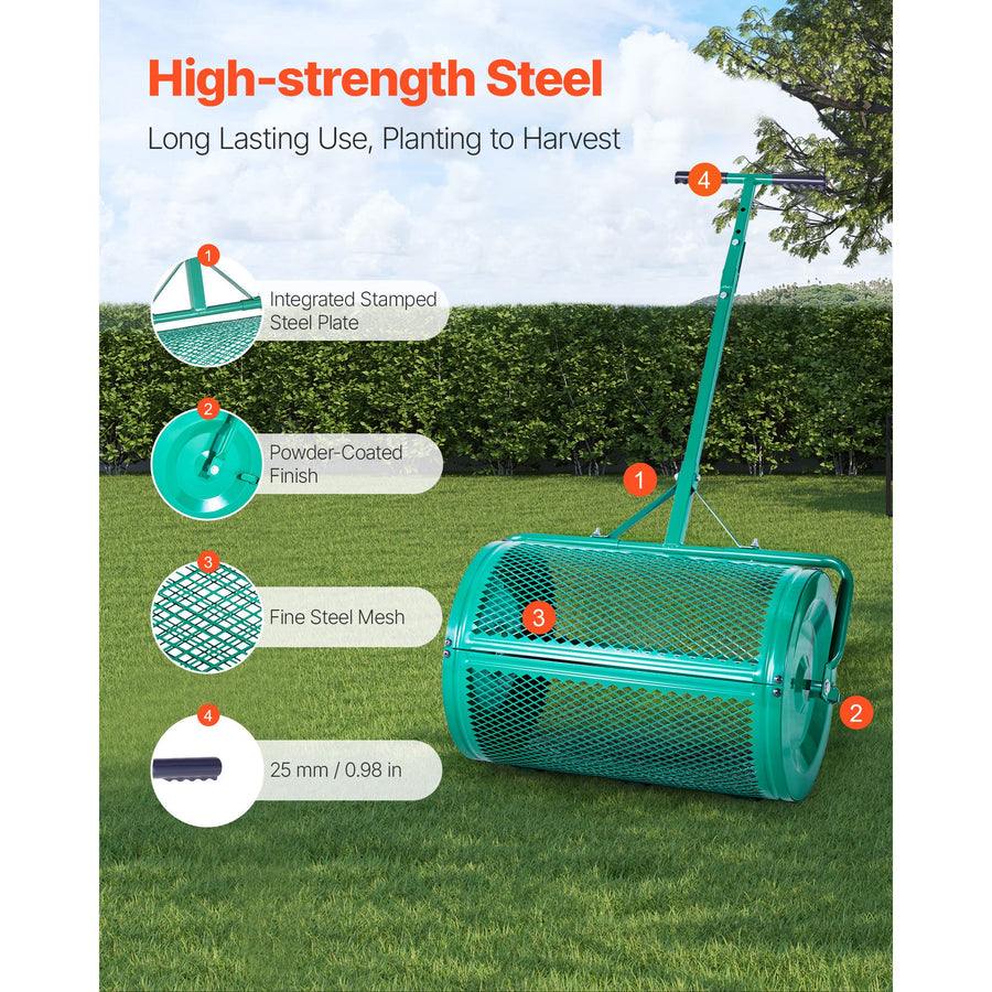 Compost Spreader, 24 in Wide Peat Moss Spreader with Push/Tow Handle, 4 Heights Adjustable, Powder-Coated Steel Garden Peat Moss Roller, Heavy Duty Grass Seed Spreaders for Planting Seeding