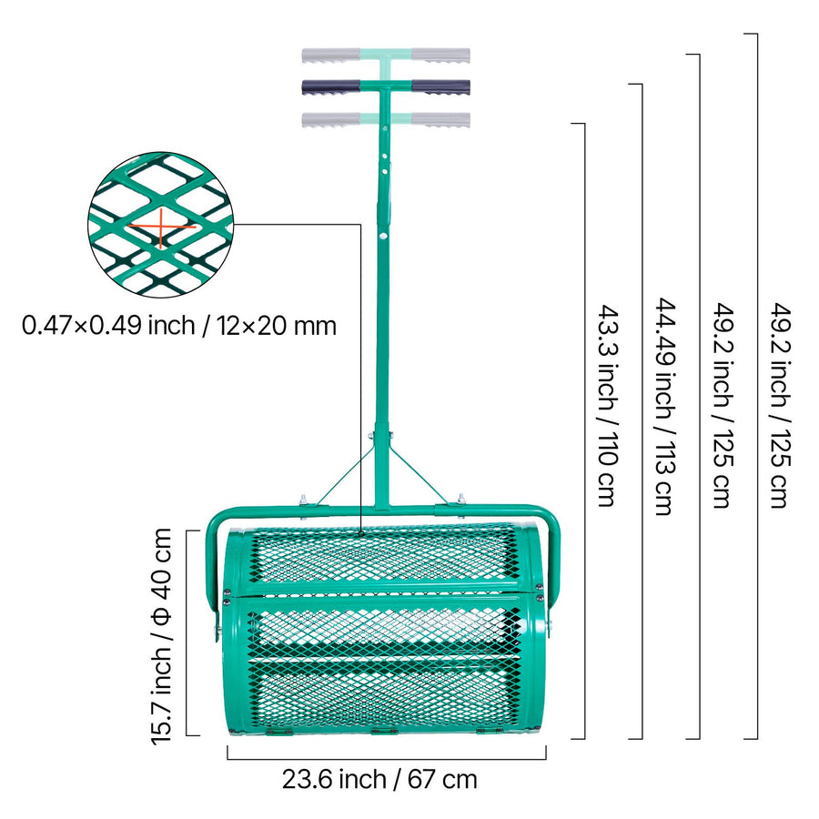 Compost Spreader, 24 in Wide Peat Moss Spreader with Push/Tow Handle, 4 Heights Adjustable, Powder-Coated Steel Garden Peat Moss Roller, Heavy Duty Grass Seed Spreaders for Planting Seeding