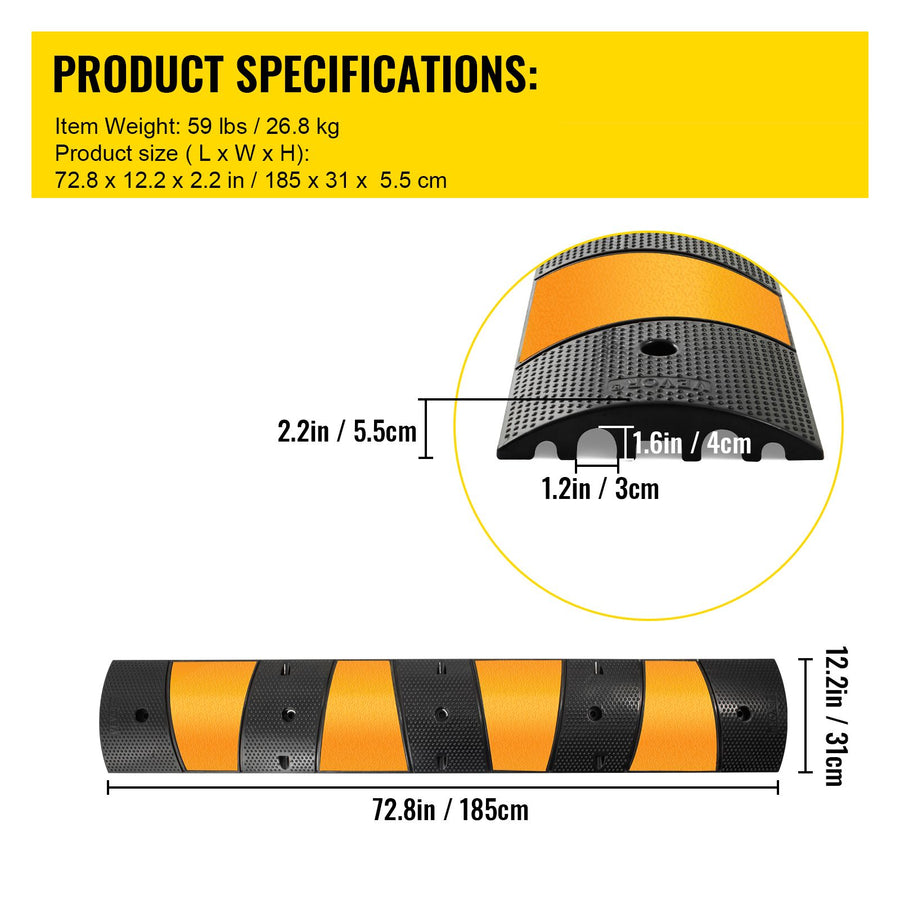 2pcs 6 Feet Rubber Driveway Modular Heavy Duty Speed 185 x 31 x 5.5 cm Cable Protector Ramp for Garage Gravel Roads Asphalt Concrete, 2Pack-6Ft-Speed Bump