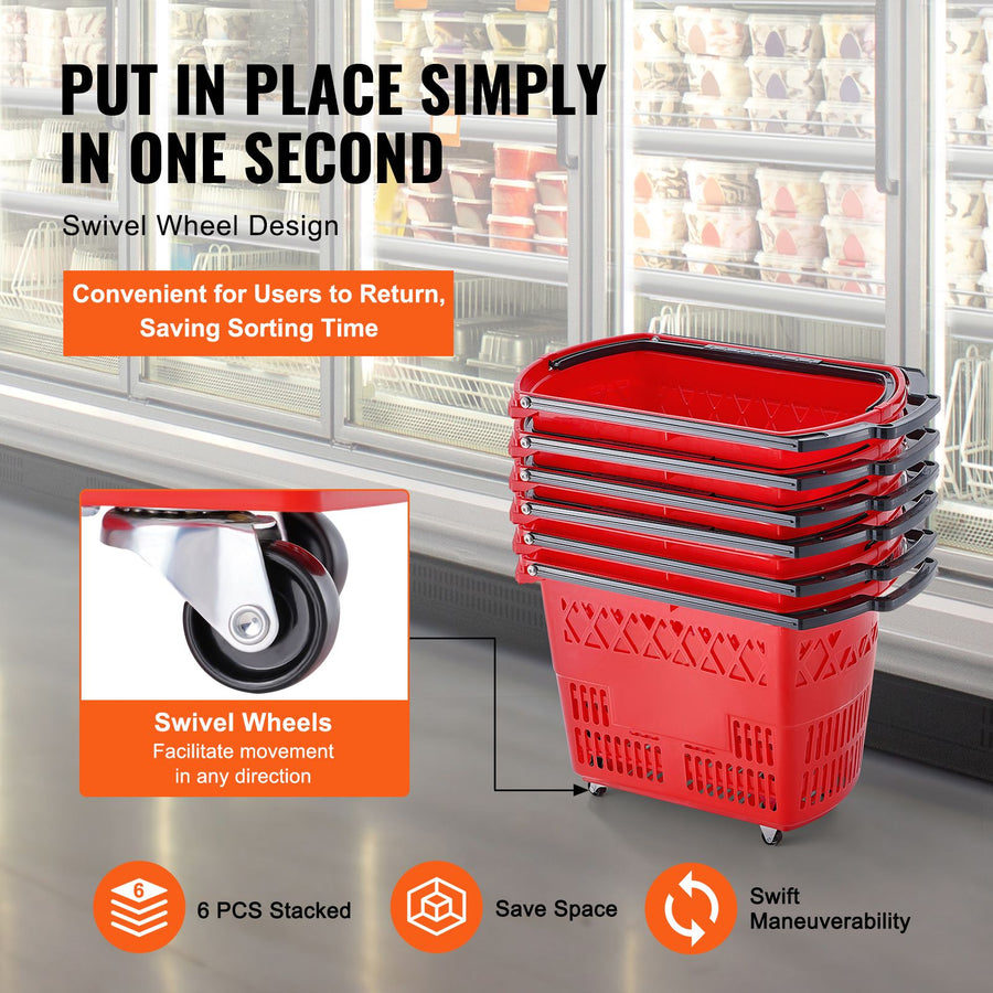 Shopping Baskets, 6PCS, 39L Shopping Carts with Handles, Plastic Rolling Shopping Basket with Wheels, Large Portable Shopping Basket Set for Supermarkets, Retail Stores, Grocery Shopping, Red