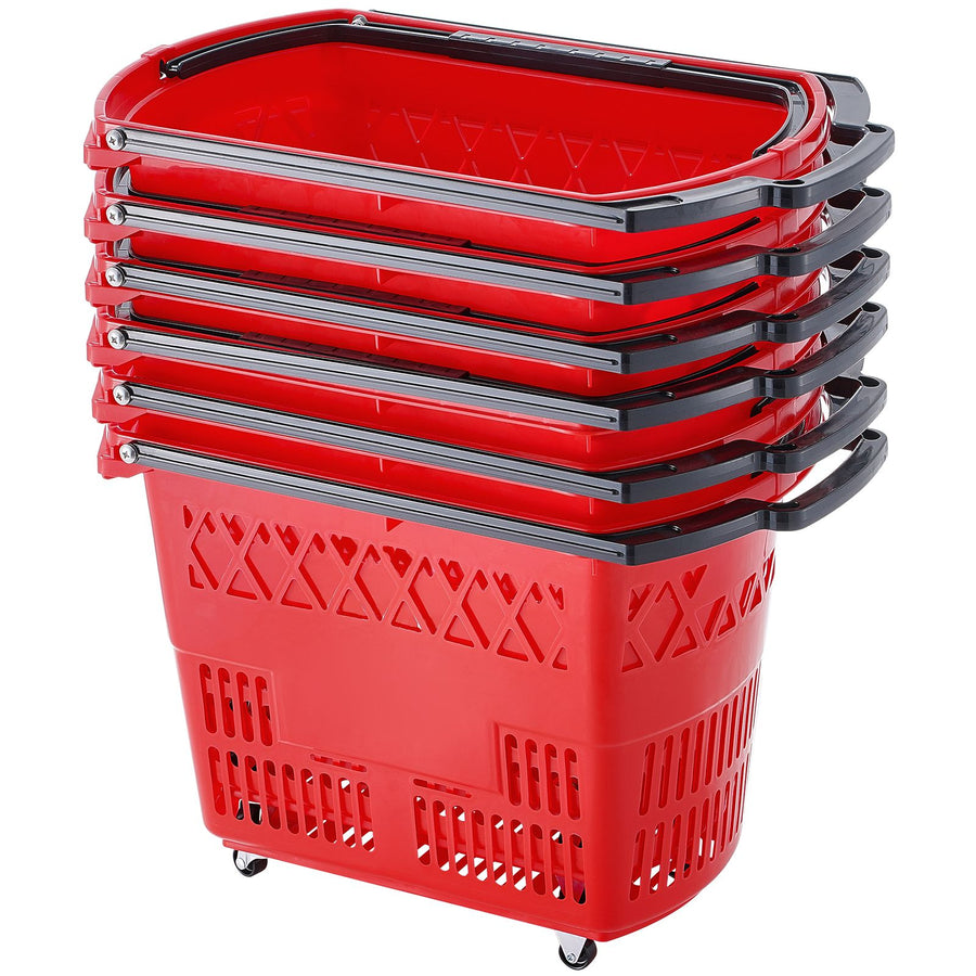 Shopping Baskets, 6PCS, 39L Shopping Carts with Handles, Plastic Rolling Shopping Basket with Wheels, Large Portable Shopping Basket Set for Supermarkets, Retail Stores, Grocery Shopping, Red