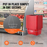 Shopping Basket, Set of 12, 24L Durable Plastic Grocery Basket with Handle and Stand, 425 x 295 x 225 mm Portable Shop Basket Bulk Used for Retail Store, Supermarket, and Grocery Shopping, Red