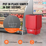 VEVOR Shopping Basket, Set of 12, 24L Durable Plastic Grocery Basket with Handle and Stand, 425 x 295 x 225 mm Portable Shop Basket Bulk Used for Retail Store, Supermarket, and Grocery Shopping, Red - 45-Degree Angle