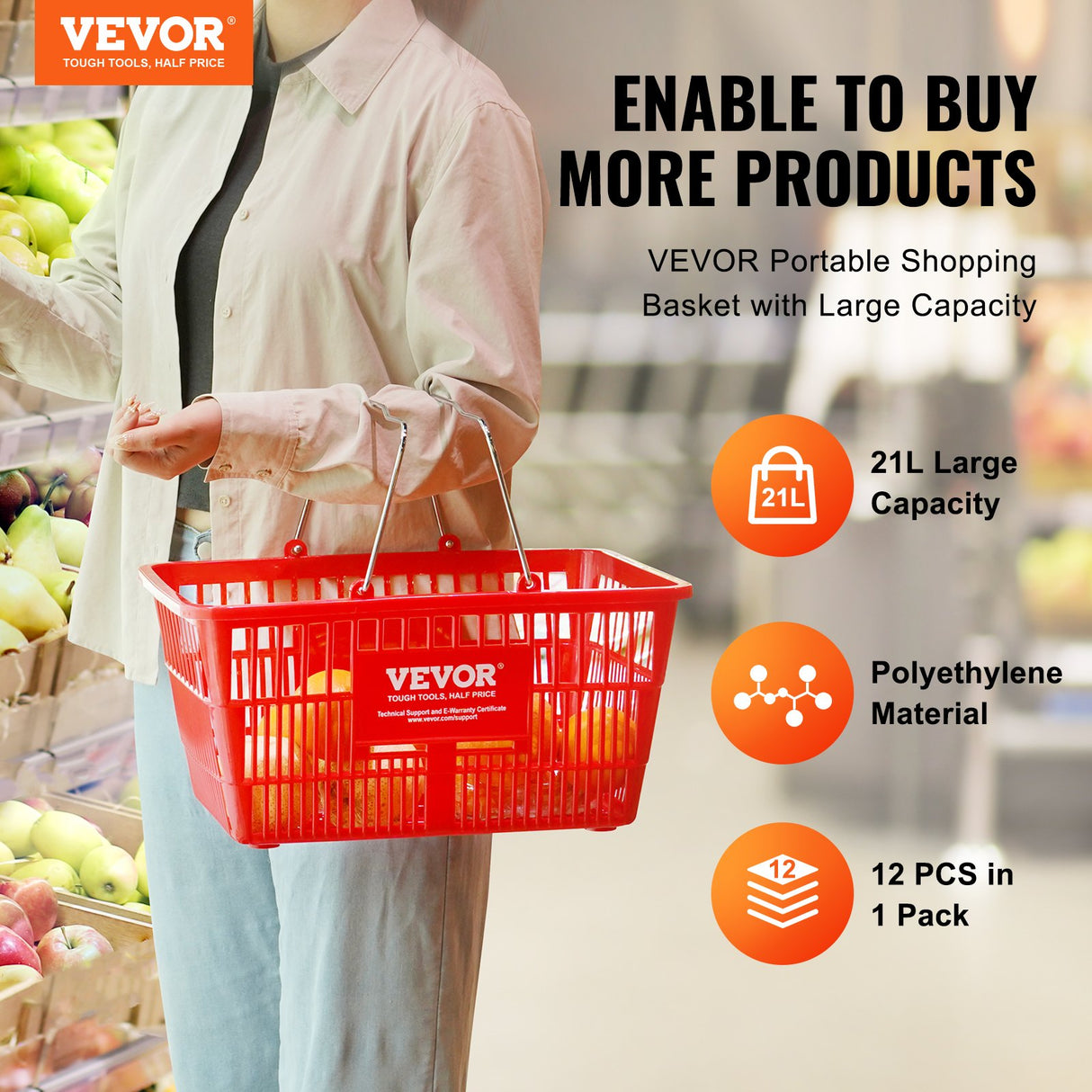 VEVOR Shopping Basket, Set of 12, 21L Durable Plastic Grocery Basket with Metal Handle and Stand, 425 x 305 x 218 mm Portable Shop Basket Bulk Used