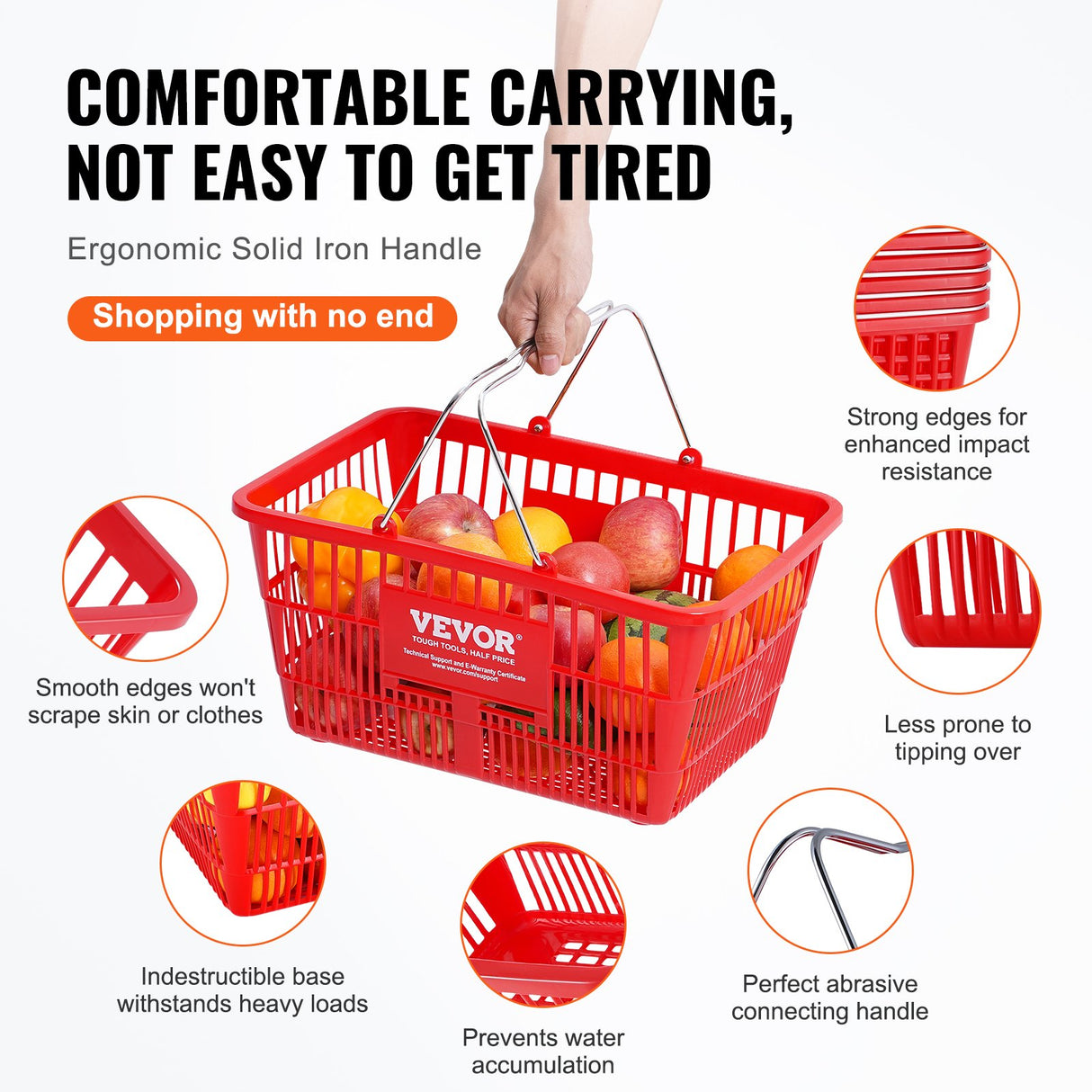 VEVOR Shopping Basket, Set of 12, 21L Durable Plastic Grocery Basket with Metal Handle and Stand, 425 x 305 x 218 mm Portable Shop Basket Bulk Used