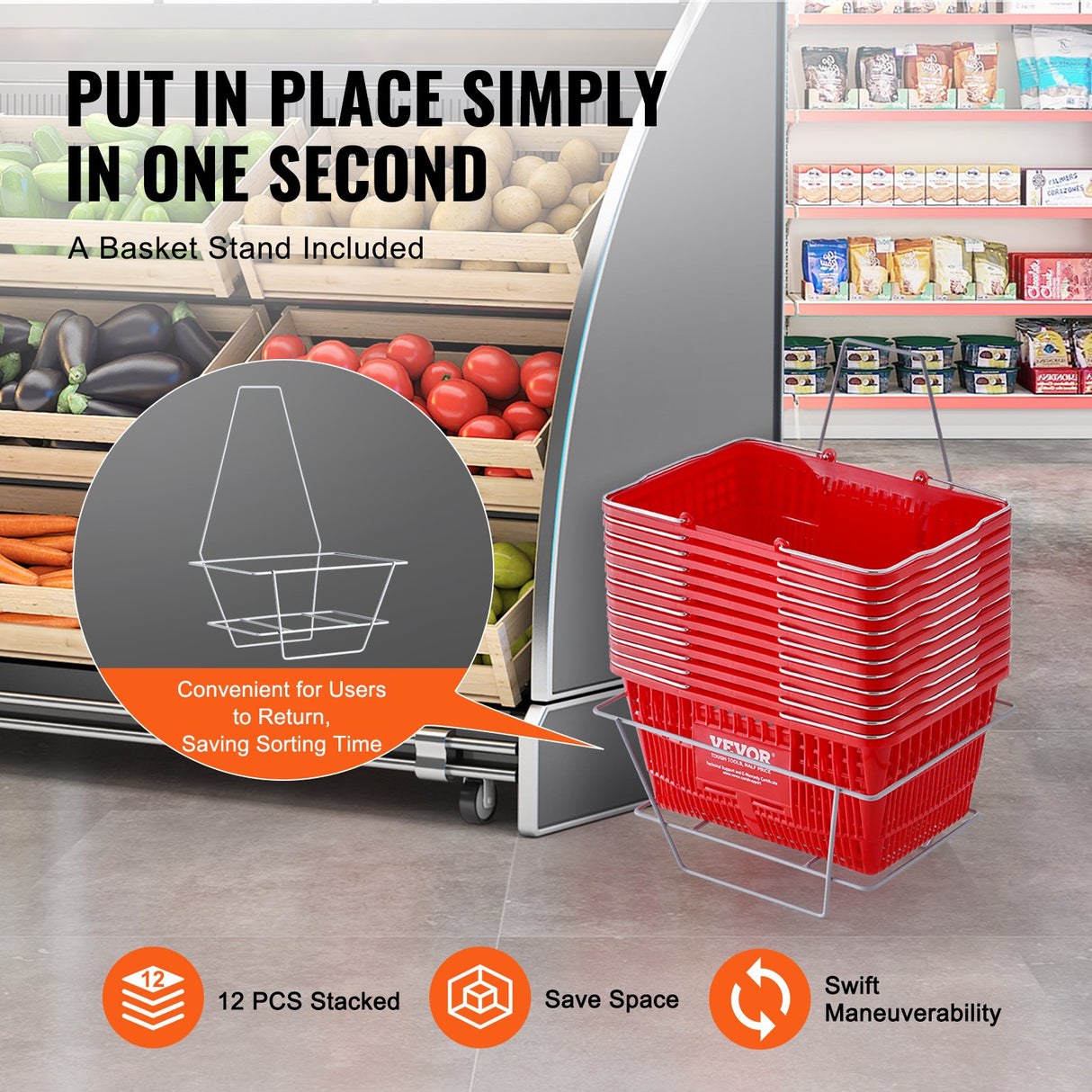 VEVOR Shopping Basket, Set of 12, 21L Durable Plastic Grocery Basket with Metal Handle and Stand, 425 x 305 x 218 mm Portable Shop Basket Bulk Used for Retail Store Supermarket Grocery Shopping, Red