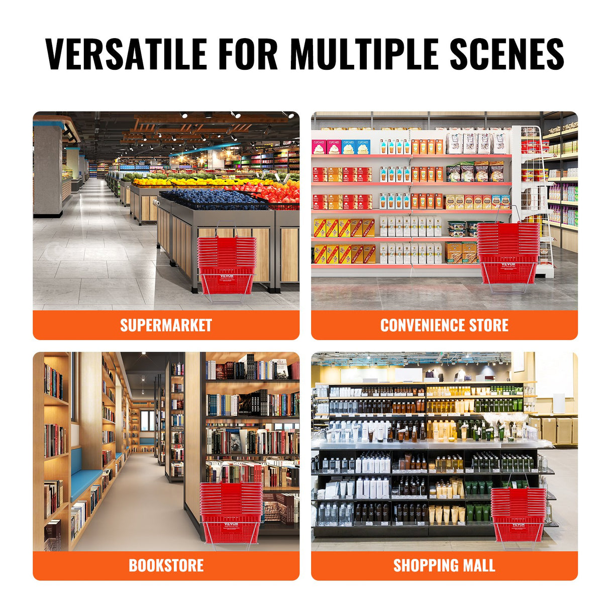 VEVOR Shopping Basket, Set of 12, 21L Durable Plastic Grocery Basket with Metal Handle and Stand, 425 x 305 x 218 mm Portable Shop Basket Bulk Used for Retail Store Supermarket Grocery Shopping, Red