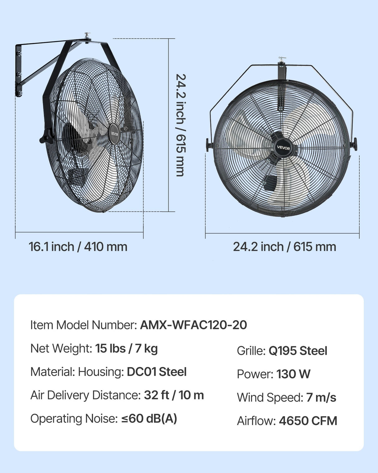 615mm Industrial Wall Mount Fan 3 Speed 4650 CFM for Garage Greenhouse