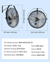 615mm Industrial Wall Mount Fan 3 Speed 4650 CFM for Garage Greenhouse - Close-Up Angle