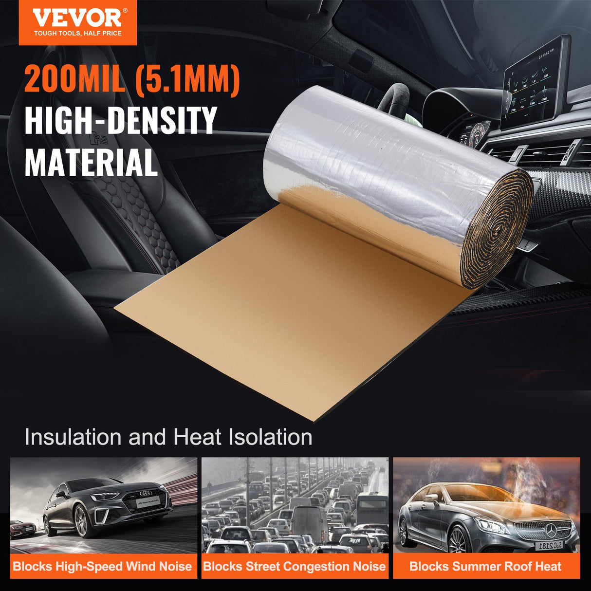 VEVOR Car Sound Deadening Mat, 200 mil 3.3sq.m Automotive Sound Deadener, High Density Foam Sound Deadener Material & Heat Barrier, Double Layer