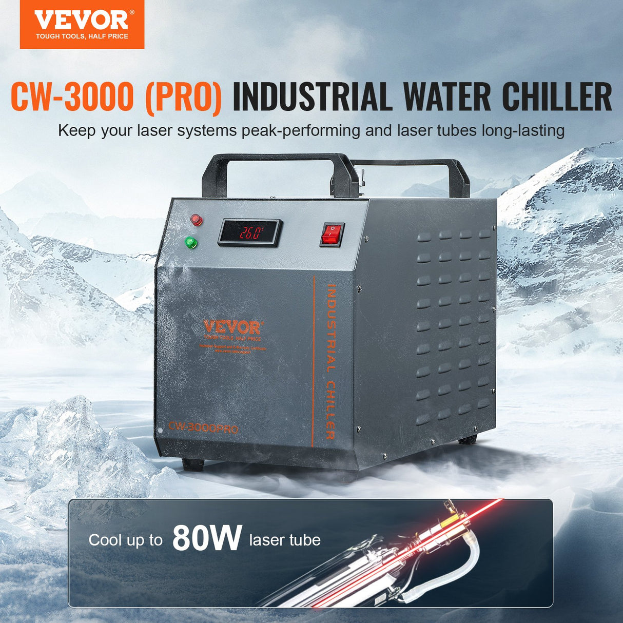 VEVOR Industrial Water Chiller, CW-3000(PRO), 150W Air-Cooled Industrial Water Cooler Cooling System with 12L Water Tank Capacity 18 L/min Max Flow