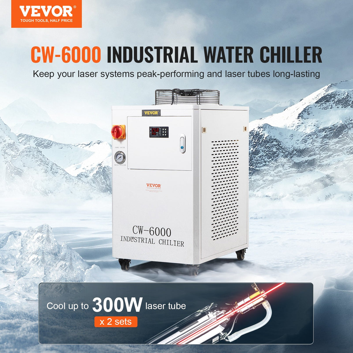 VEVOR Industrial Water Chiller, CW6000, 1500W Industrial Water Cooler Cooling System with Compressor 15L Water Tank Capacity 65 L/min Max Flow Rate,