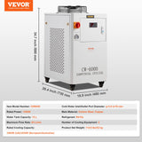 VEVOR Industrial Water Chiller, CW6000, 1500W Industrial Water Cooler Cooling System with Compressor 15L Water Tank Capacity 65 L/min Max Flow Rate, for CO2 Laser Engraving Machine Cooling Machine - Close-Up Angle