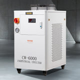 VEVOR Industrial Water Chiller, CW6000, 1500W Industrial Water Cooler Cooling System with Compressor 15L Water Tank Capacity 65 L/min Max Flow Rate, for CO2 Laser Engraving Machine Cooling Machine - Low Angle