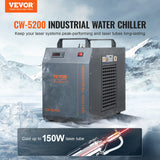 VEVOR Industrial Water Chiller, CW-5200, Industrial Water Cooler Cooling System with Built-in Compressor 7L Water Tank Capacity 13 L/min Max Flow Rate, for CO2 Laser Engraving Machine Cooling Machine - Front View