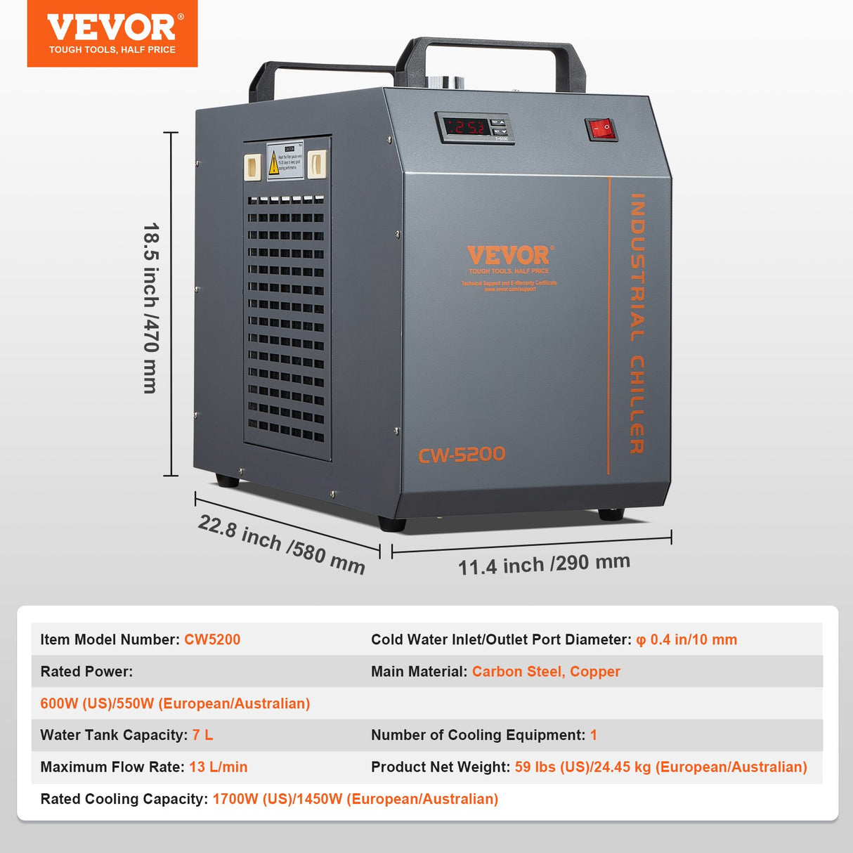 VEVOR Industrial Water Chiller, CW-5200, Industrial Water Cooler Cooling System with Built-in Compressor 7L Water Tank Capacity 13 L/min Max Flow Rate, for CO2 Laser Engraving Machine Cooling Machine