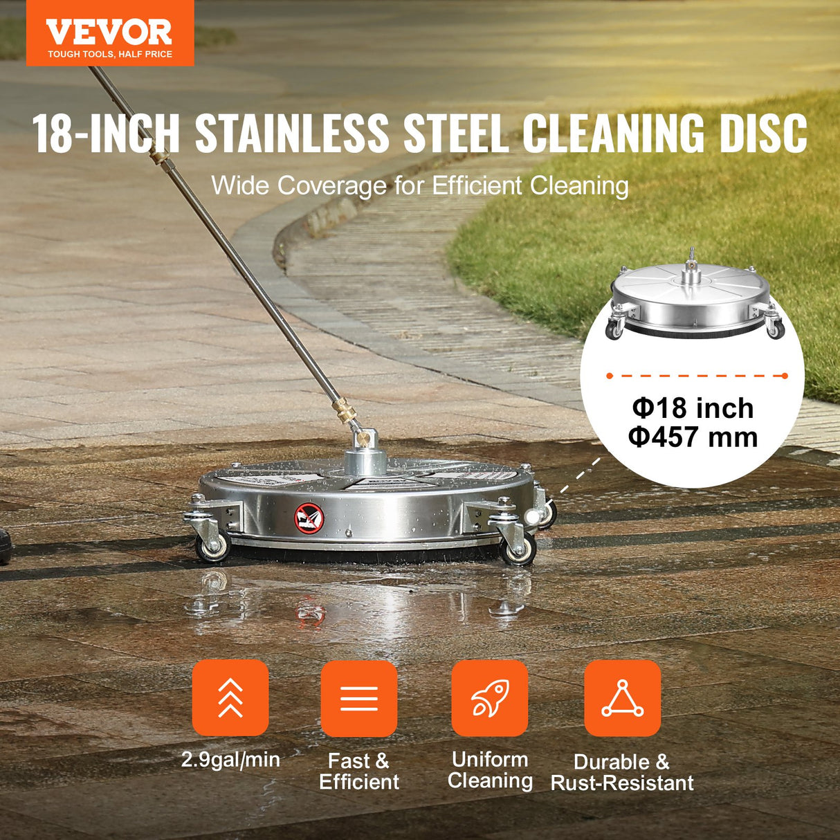 VEVOR 18" Pressure Washer Surface Cleaner w/ Wheels, Stainless Steel Concrete Cleaner 4000 Max PSI , 1/4" Quick-Connect Connector w/ 2 Extension Wand,