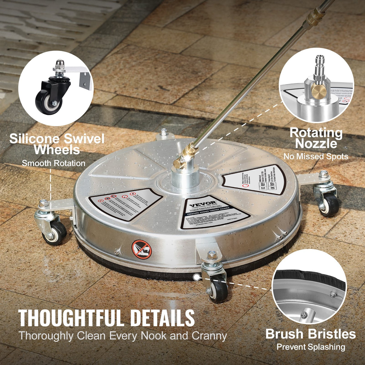 VEVOR 18" Pressure Washer Surface Cleaner w/ Wheels, Stainless Steel Concrete Cleaner 4000 Max PSI , 1/4" Quick-Connect Connector w/ 2 Extension Wand,