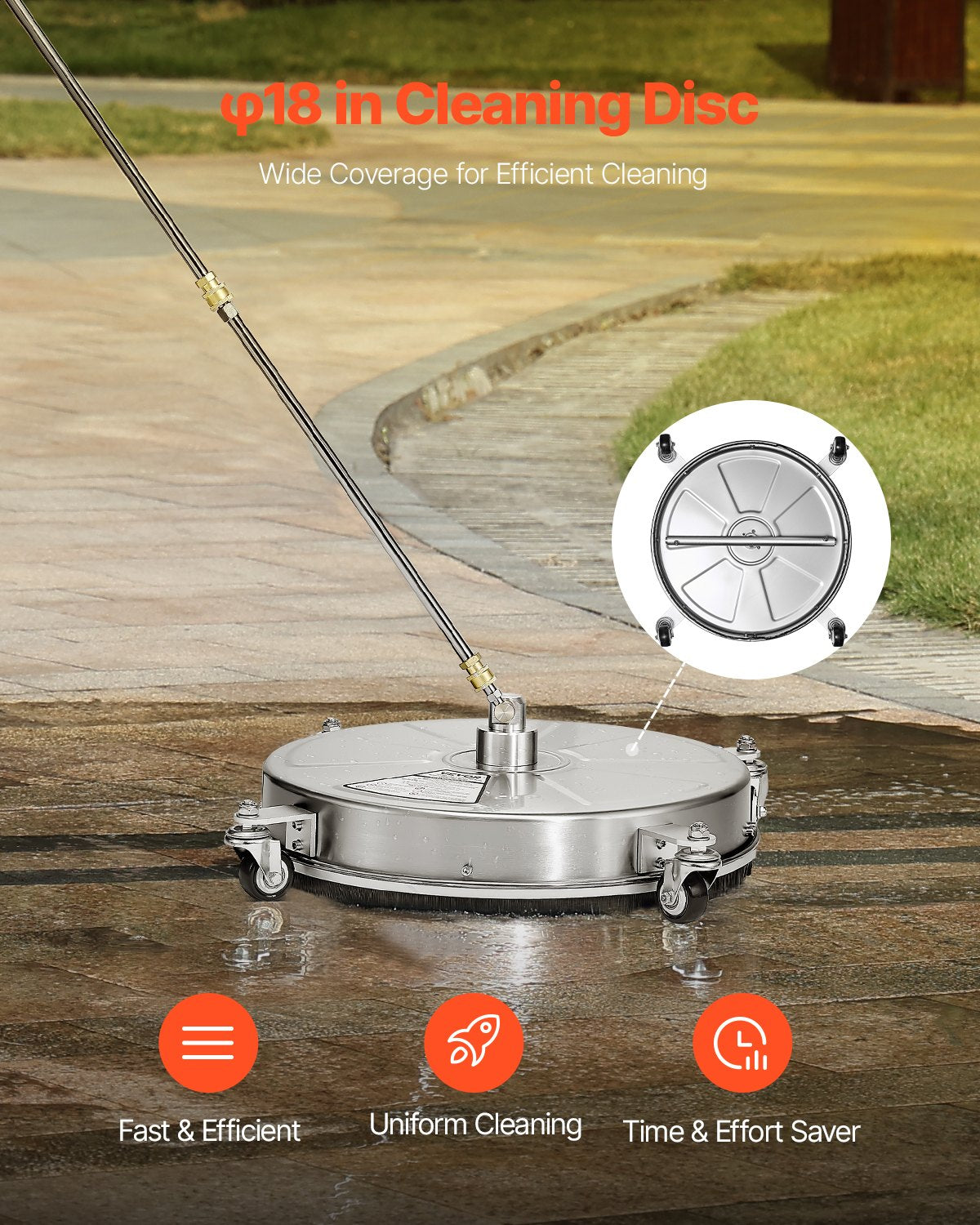 VEVOR 18" Pressure Washer Surface Cleaner 4 Wheels 4000 Max PSI 2 Extended Wands