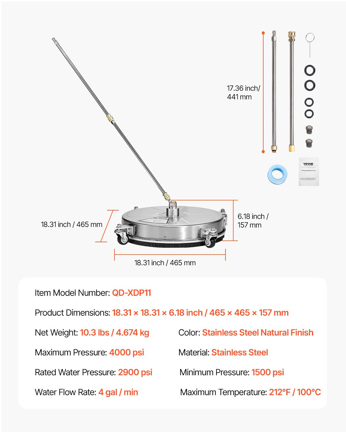 VEVOR 18" Pressure Washer Surface Cleaner 4 Wheels 4000 Max PSI 2 Extended Wands