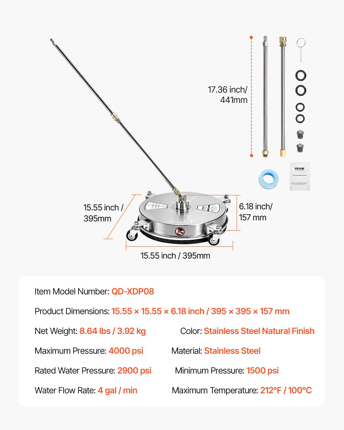 VEVOR 15" Pressure Washer Surface Cleaner 4 Wheels 4000 Max PSI 2 Extended Wands