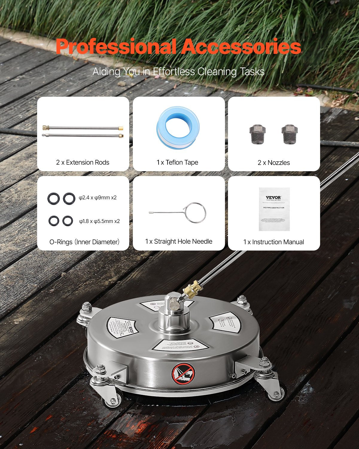 14" Pressure Washer Surface Cleaner, Stainless Steel Pressure Washer Attachments with 4 Wheels, 4000 Max PSI, 1/4 Quick Connector, 2 Spray Nozzles, 2 Extended Wands for Concrete, Patio, Deck