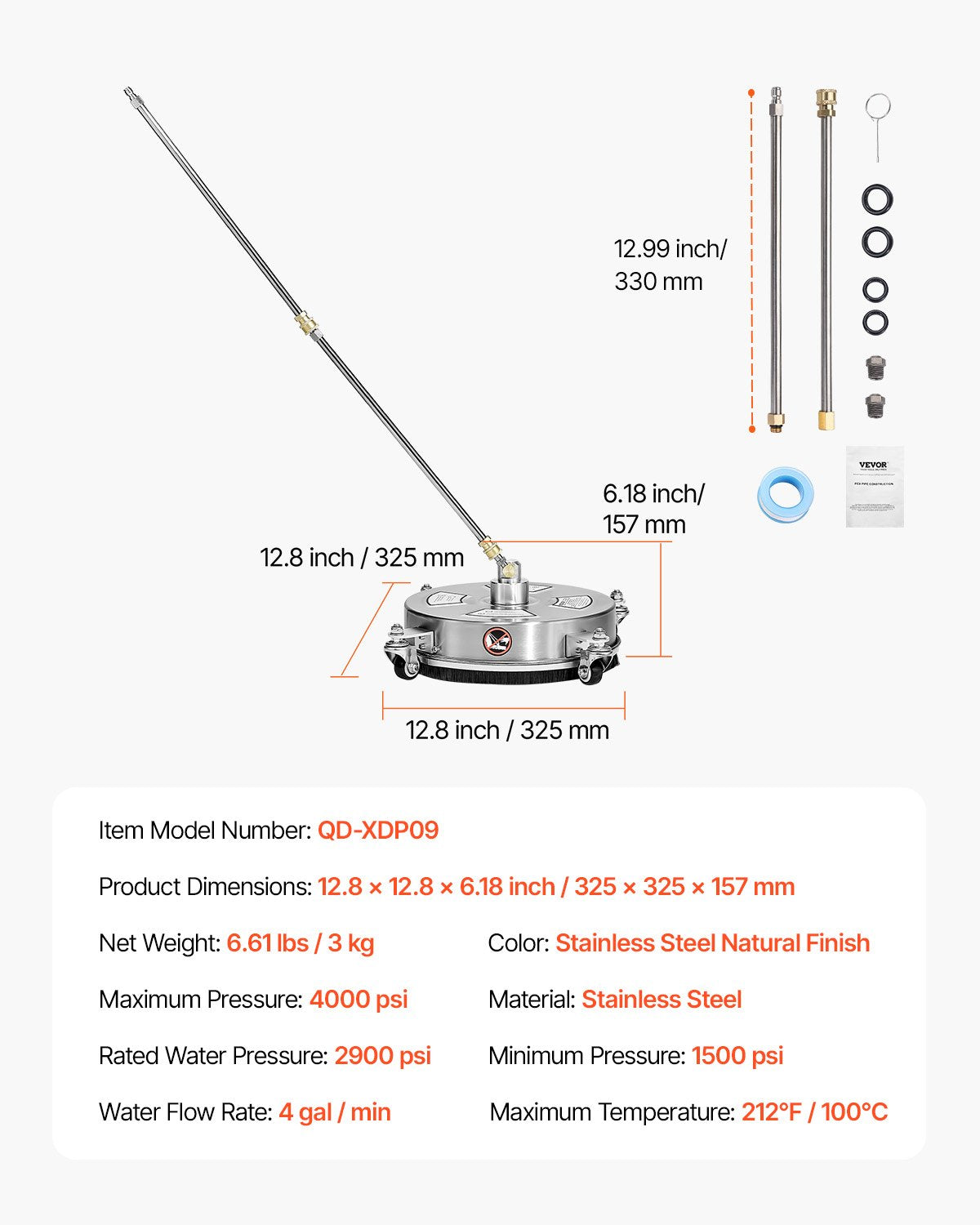 VEVOR 14" Pressure Washer Surface Cleaner, Stainless Steel Pressure Washer Attachments with 4 Wheels, 4000 Max PSI, 1/4 Quick Connector, 2 Spray Nozzles, 2 Extended Wands for Concrete, Patio, Deck
