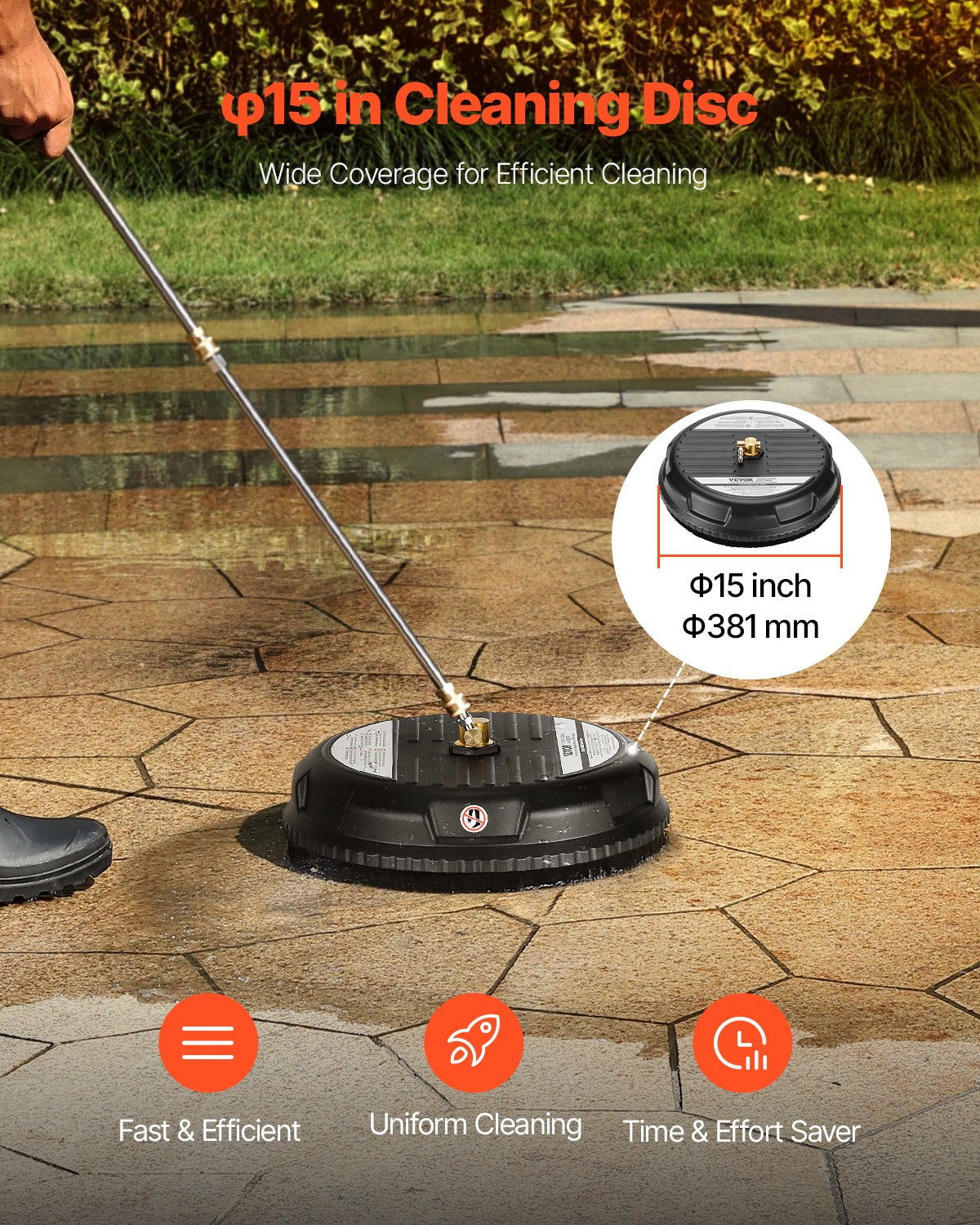 VEVOR 15" Pressure Washer Surface Cleaner 4000 Max PSI Plastic 2 Extended Wands