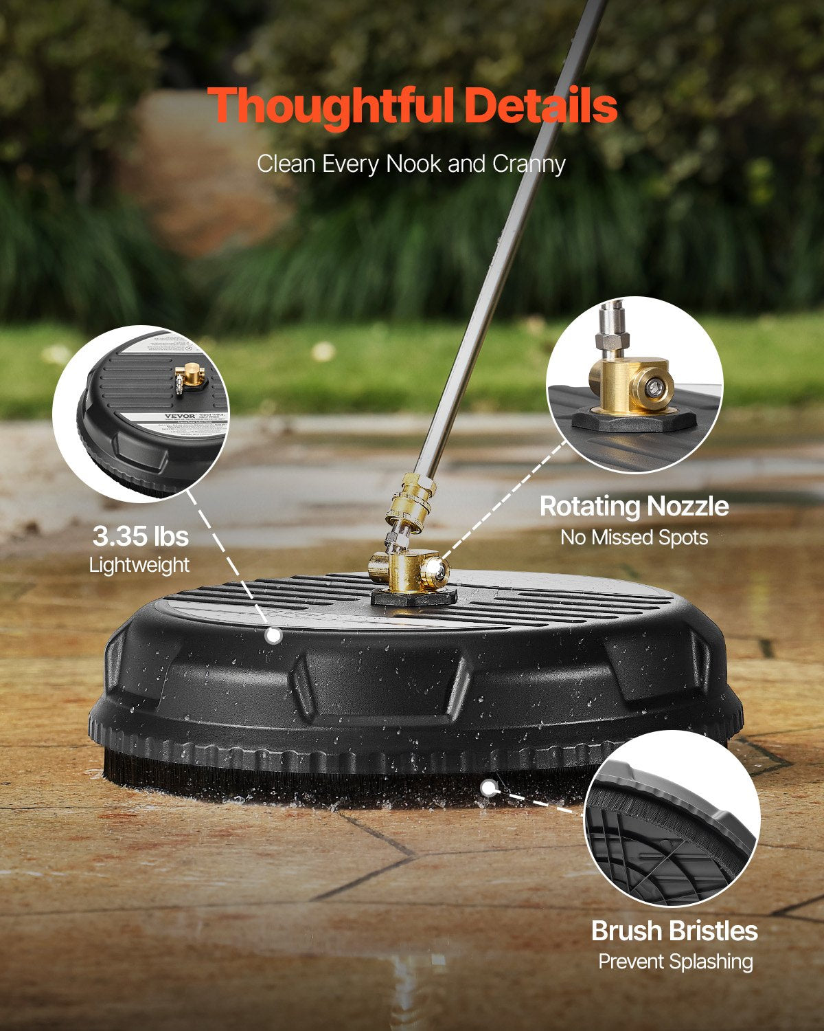 VEVOR 15" Pressure Washer Surface Cleaner 4000 Max PSI Plastic 2 Extended Wands