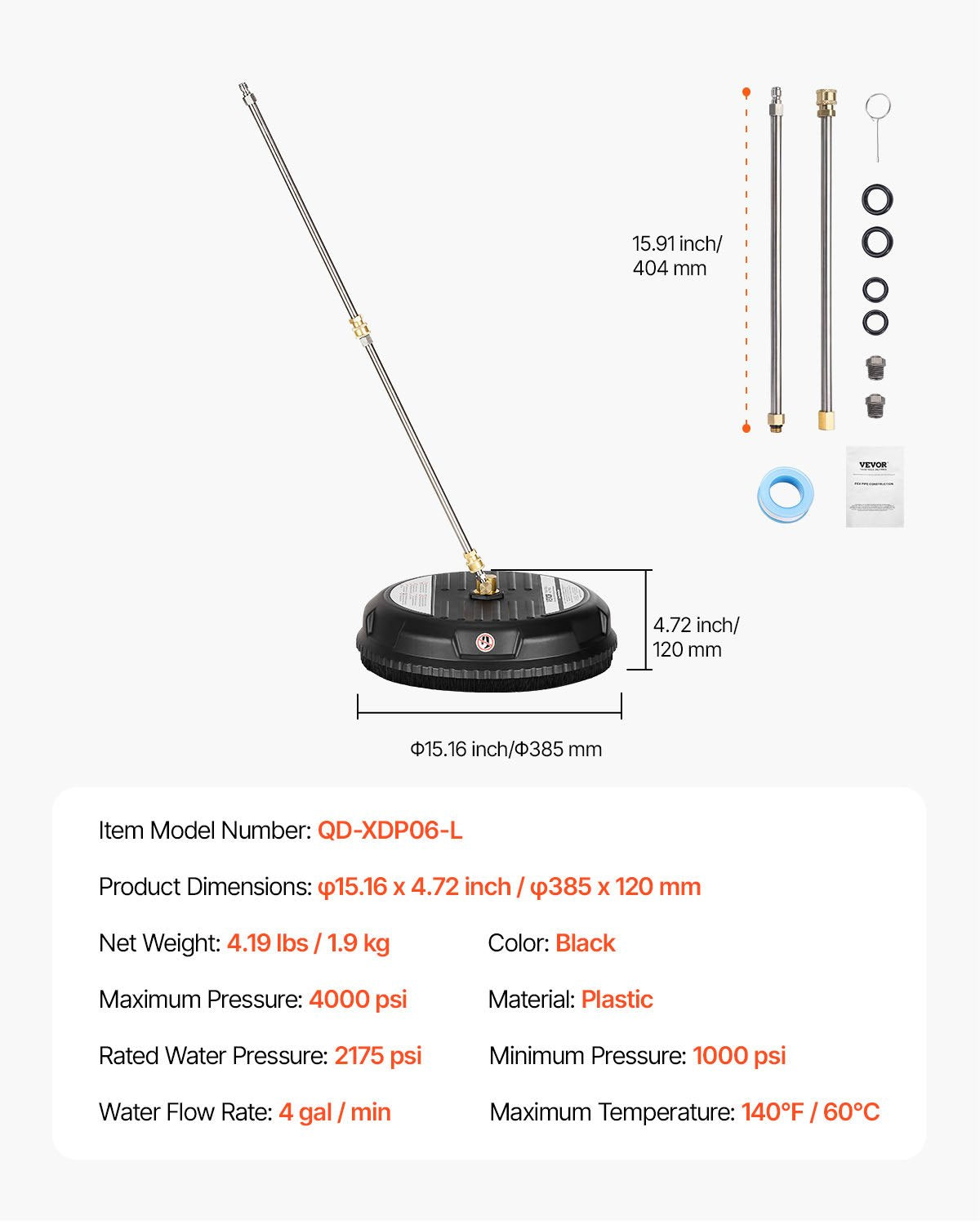 VEVOR 15" Pressure Washer Surface Cleaner 4000 Max PSI Plastic 2 Extended Wands