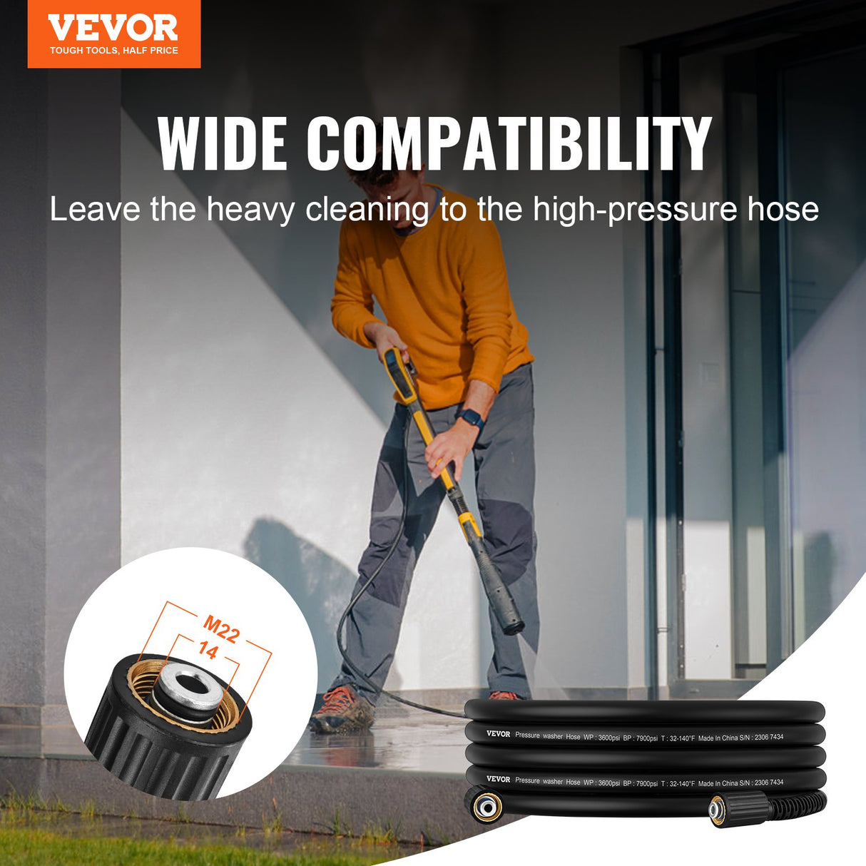 VEVOR Pressure Washer Hose, 25 FT, 1/4" Kink Free M22-14mm Brass Thread Replacement For Most Brand Pressure Washers, 3/4'' Bending Radius, 3600 PSI