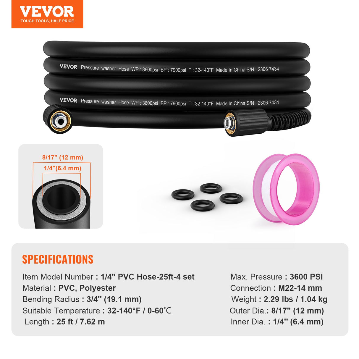 VEVOR Pressure Washer Hose, 25 FT, 1/4" Kink Free M22-14mm Brass Thread Replacement For Most Brand Pressure Washers, 3/4'' Bending Radius, 3600 PSI