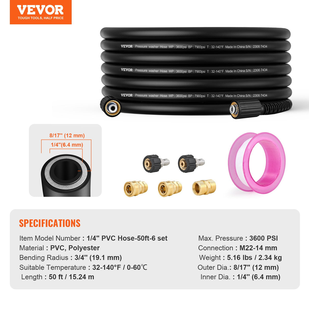 50 FT 3600 PSI High Pressure Power Washer Hose 1/4" Quick Connection