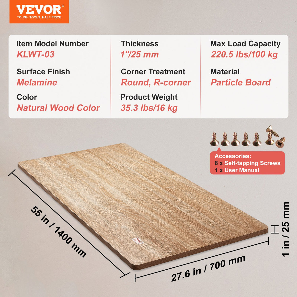 VEVOR Table Top, 55" x 27.6" x 1", 220.5 lbs Load Capacity, Universal One-Piece Particle Board Desktop for Height Adjustable Electric Standing Desk