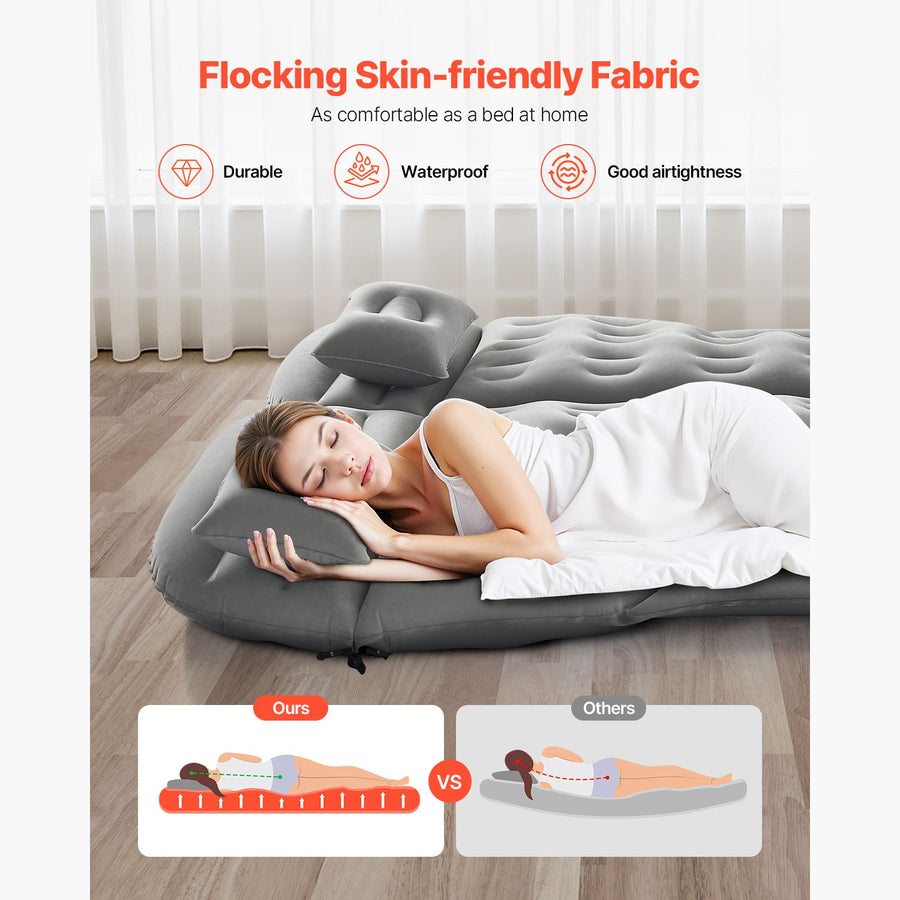 Car Air Mattress, Inflatable Car Camping Mattress, Flocking Thickened Travel Beds, Comfortable and Durable Portable Sleeping Pad with Air Pump, Nozzle, Carry Bag, Fits Most SUV MPV Sedan, Gray